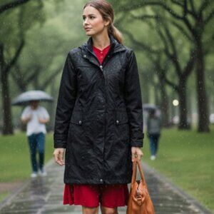 Cole Haan Women Black Packable Hooded Zip Up Rain Jacket, Size XL